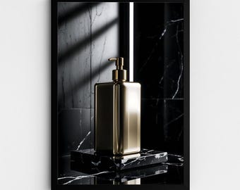 Lámina con dispensador de loción / Decoración de pared de lujo para baño / Detalles dorados / Decoración en blanco y negro / Colección Bathroom Noir / Descarga digital