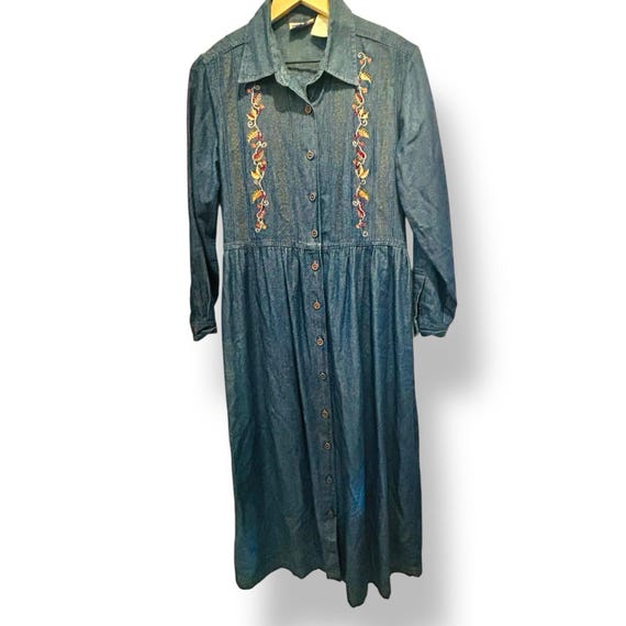 Vintage Cottagecore Denim Embroidered Prairie Dress Size Medium Back Tie Bird