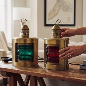 May include: Two brass-coloured nautical lanterns with glass lenses, one green and one red, sit on a wooden table. The lanterns have a handle on top and a rectangular shape. A person's hands are near one of the lanterns.