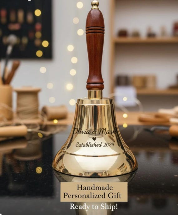 Personalized Brass Hand Bell | Engraved Vintage School Dinner Bell, Wooden Handle