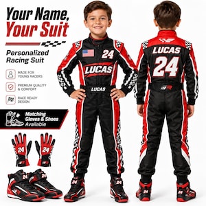 Puede incluir: Un traje de carreras negro, rojo y blanco con el nombre LUCAS y el número 24. El traje incluye un patrón de cuadros en los laterales, un parche de la bandera de EE. UU. y cuello alto. Se incluyen guantes y zapatos de carreras a juego.