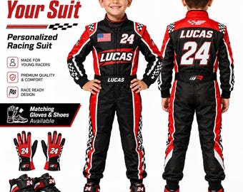 Custom Kids Racing Suit Personalized Go Karting Costume Handmade Red Black Youth Race Costume with Name Number Flag for Boy Girl