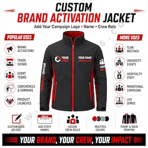 Könnte beinhalten: Eine schwarze und rote Jacke für Markenaktivierungen mit hohem Kragen, durchgehendem rotem Frontreißverschluss und roten Seitenteilen. Auf der Brust steht YOUR LOGO und YOUR NAME BRAND CREW, am Ärmel steht BRAND ACTIVATION.