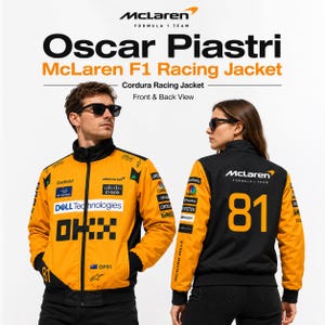 Orange and black Oscar Piastri-inspired Formula racing jacket displayed on a male model from the front and a female model from the back, both wearing black sunglasses. The Cordura jacket has a high collar, full front zipper, black cuffs and hem, sponsor-style graphics, Australian flag detail, OP81 text, and a large number 81 on the back. Personalized options include the buyer's name, racing number, country flag, logo, colors, and custom motorsport text, with a warm quilted inner lining.