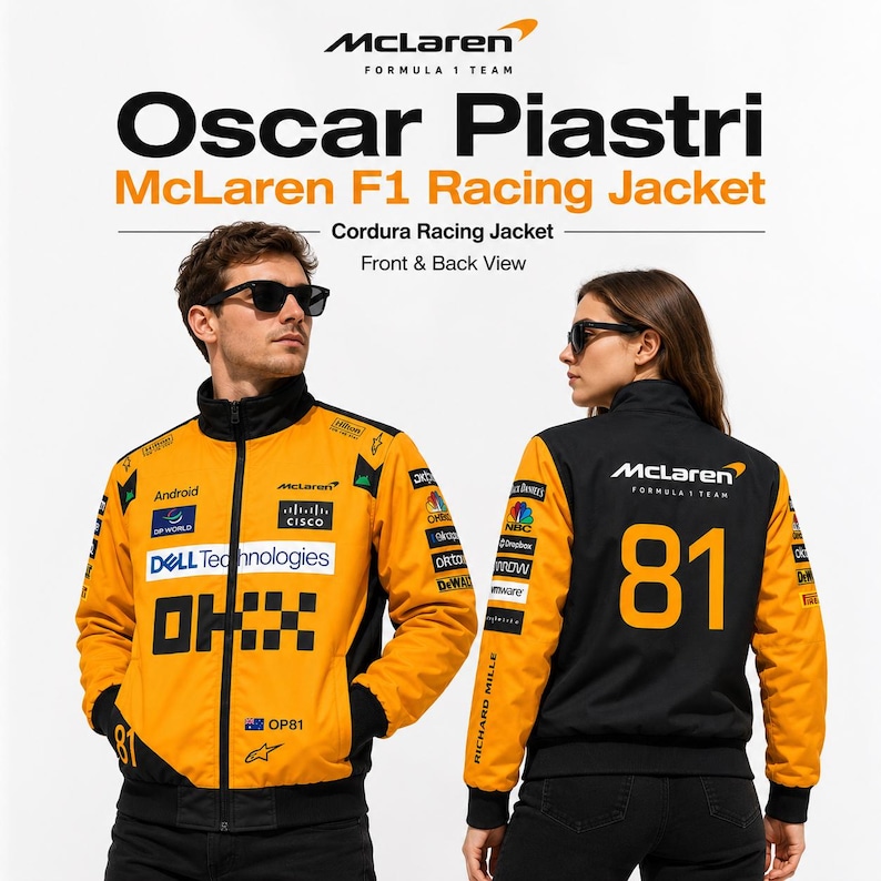 Orange and black Oscar Piastri-inspired Formula racing jacket displayed on a male model from the front and a female model from the back, both wearing black sunglasses. The Cordura jacket has a high collar, full front zipper, black cuffs and hem, sponsor-style graphics, Australian flag detail, OP81 text, and a large number 81 on the back. Personalized options include the buyer's name, racing number, country flag, logo, colors, and custom motorsport text, with a warm quilted inner lining.
