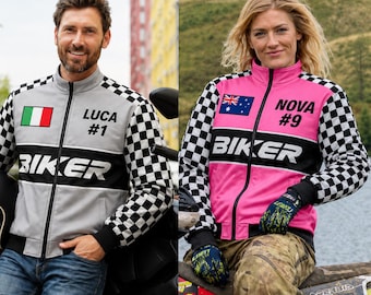 Custom bikerjack, gepersonaliseerde naam en vlag racebommenwerper, cordura motorjas voor volwassenen kinderen, checker teamuitrusting