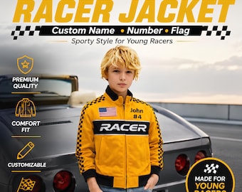 Personalized Kids Racer Jacket, Custom Name Number Flag, Youth Motorsport Coat