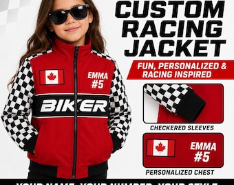 Chaqueta de carreras Cordura personalizada para niños, chaqueta de deportes de motor con nombre, número y bandera personalizados para niños y niñas.