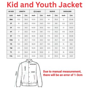 May include: A size chart for kid and youth jackets, with measurements in inches and centimeters. The chart includes sizes from 18M to YXL, detailing length, chest, sleeve, and shoulder dimensions. Text at the bottom states, "Due to manual measurement, there will be an error of 1-3cm."