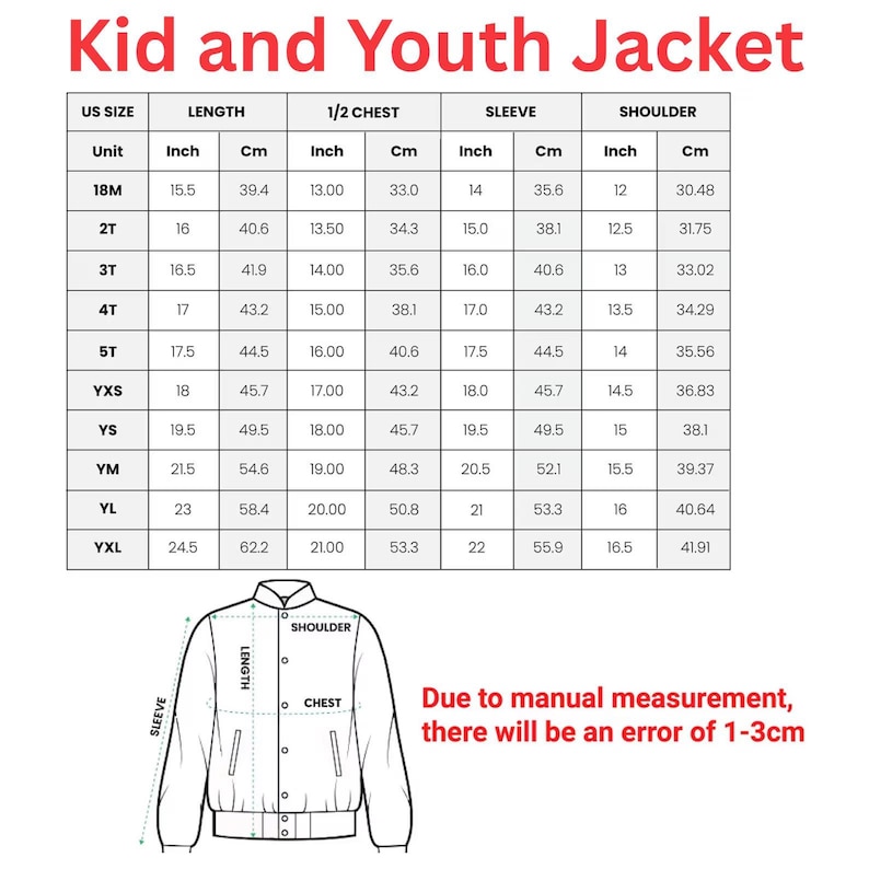 May include: A size chart for kid and youth jackets, with measurements in inches and centimeters. The chart includes sizes from 18M to YXL, detailing length, chest, sleeve, and shoulder dimensions. Text at the bottom states, "Due to manual measurement, there will be an error of 1-3cm."