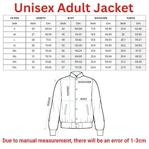 May include: A chart detailing measurements for a unisex adult jacket, including length, bust, shoulder, and sleeve dimensions in inches and centimeters. Sizes range from S to 5XL. The text "Unisex Adult Jacket" is at the top.