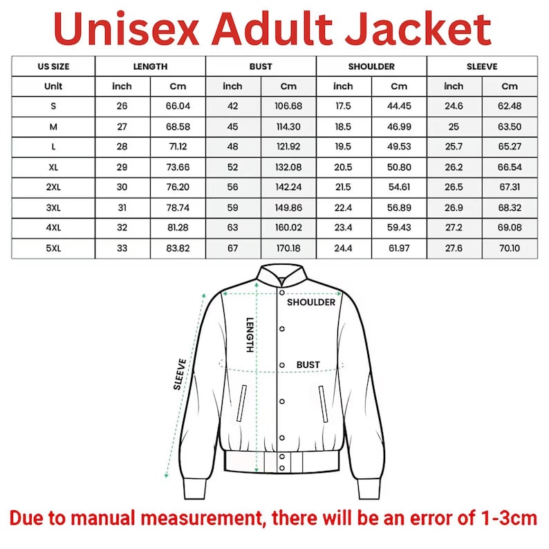 May include: A chart detailing measurements for a unisex adult jacket, including length, bust, shoulder, and sleeve dimensions in inches and centimeters. Sizes range from S to 5XL. The text "Unisex Adult Jacket" is at the top.