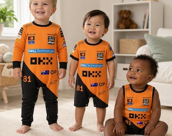 Oscar Piastri McLaren Baby Romper, F1 Racing Infant Jumpsuit, McLaren Formula 1 Baby Outfit, Add you Name and Flag