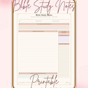 Può includere: Un modello stampabile di Note di Studio Biblico con un design rosa e oro. Il modello include sezioni per versetti chiave, osservazioni, domande e preghiere. Le parole "Bible Study Notes" e "Printable" sono visibili.