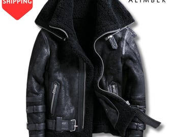 Men's Black Distressed Nubuck Shearling Leather Jacket - Double Collar B3 Bomber