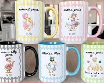 Custom Mama Goose Mug, Personalized Gift For Mom Custom Striped Mug Cute Goose Coffee Mug, New Mom Gift, Baby Shower Gift, Mother’s Day Gift