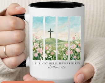 Personalized Christian Easter Mug, He Is Risen Matthew 28:6 Coffee Cup, Resurrection Bible Verse Gift For Women, Religious Spring Coffee Cup