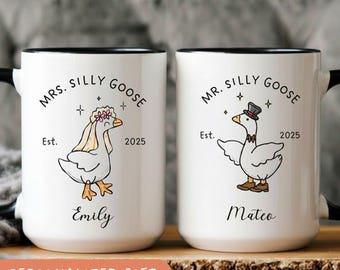 Personalized Silly Goose Couple Mug Set, Mr And Mrs Silly Goose Wedding Gift, Funny Goose Coffee Cup, Newlywed Engagement Gift