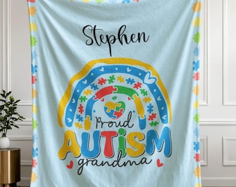 Manta personalizada para avó de autista, com nome personalizado, quebra-cabeça e arco-íris. Presente para avó orgulhosa de uma criança com necessidades especiais. Lembrança para toda a família.