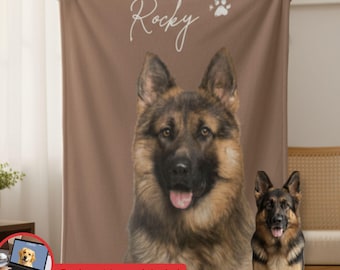 Personalized Pet Photo Blanket with Name Custom Dog Portrait Gift for Cat Moms Custom Dog Photo Throw, Pet Memorial Gift for Dog Mom