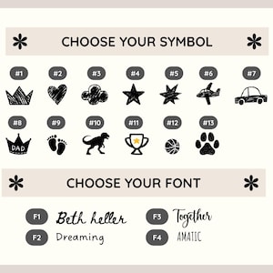 Op de afbeelding: Een beige afbeelding met de tekst "CHOOSE YOUR SYMBOL" en "CHOOSE YOUR FONT". Het toont verschillende zwarte symbolen zoals een kroon, hart, ster, vliegtuig, auto en pootafdruk. Het toont ook lettertype-opties.