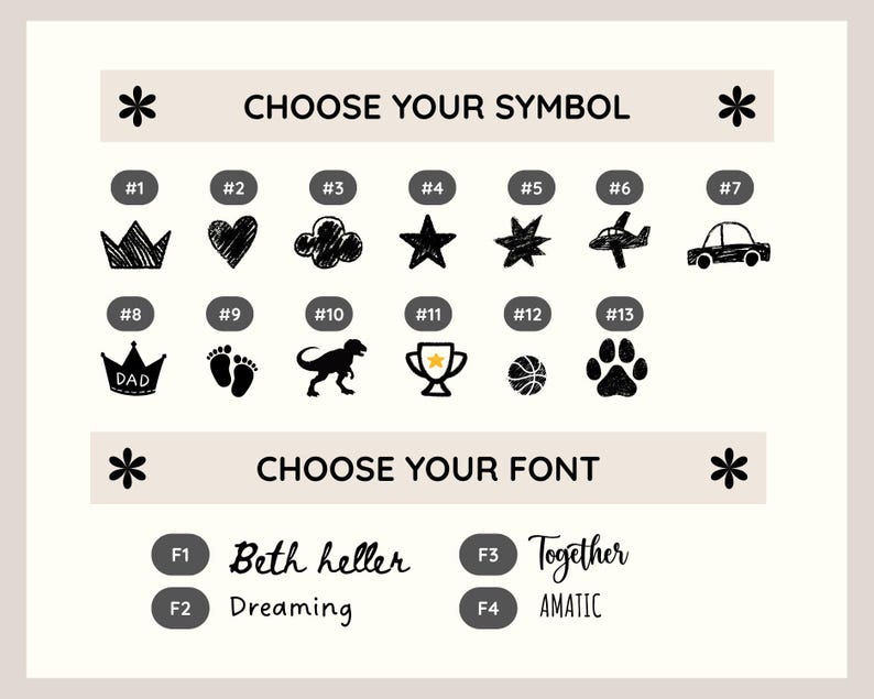 Op de afbeelding: Een beige afbeelding met de tekst "CHOOSE YOUR SYMBOL" en "CHOOSE YOUR FONT". Het toont verschillende zwarte symbolen zoals een kroon, hart, ster, vliegtuig, auto en pootafdruk. Het toont ook lettertype-opties.
