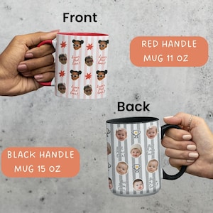 Op de afbeelding: Twee keramische mokken met aangepaste ontwerpen. E&eacute;n heeft een rode handgreep en een ontwerp met gezichten, zonnebrillen en de tekst "Super Dad Ever!". De andere heeft een zwarte handgreep en een ontwerp met babygezichten, trofee&euml;n en de tekst "Best Mom Ever!".