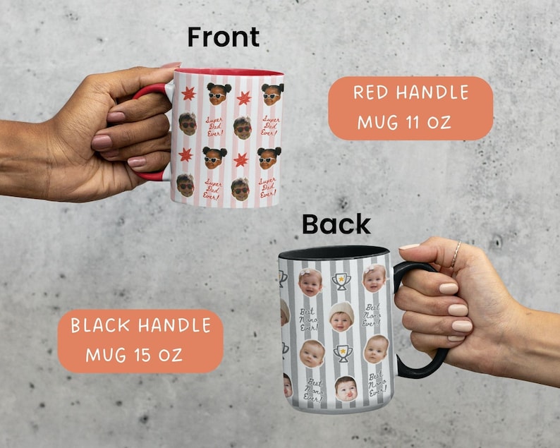 Op de afbeelding: Twee keramische mokken met aangepaste ontwerpen. E&eacute;n heeft een rode handgreep en een ontwerp met gezichten, zonnebrillen en de tekst "Super Dad Ever!". De andere heeft een zwarte handgreep en een ontwerp met babygezichten, trofee&euml;n en de tekst "Best Mom Ever!".
