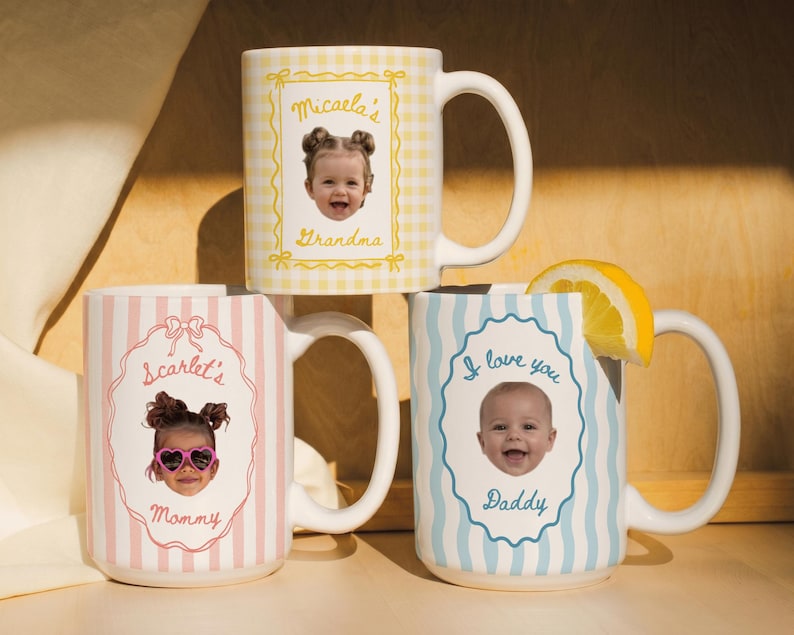 Personalized family photo mugs with yellow, pink and light blue vertical stripes, featuring smiling baby portraits, custom coffee mug gift for Mom, Dad, Grandma, Grandpa, Nana and Papa