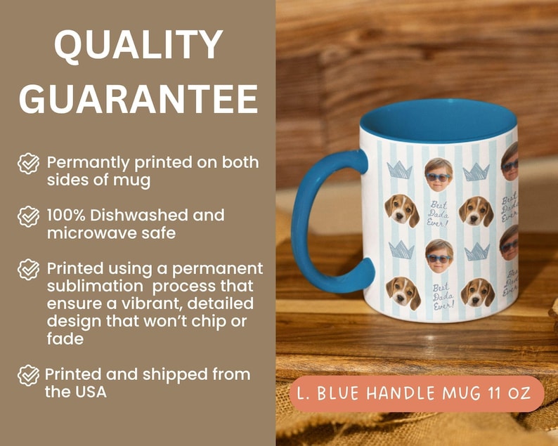 White ceramic mug with a blue handle and interior. The mug features a pattern of baby faces, blue crowns, and the text "Best Daddy Ever" on a light blue striped background.