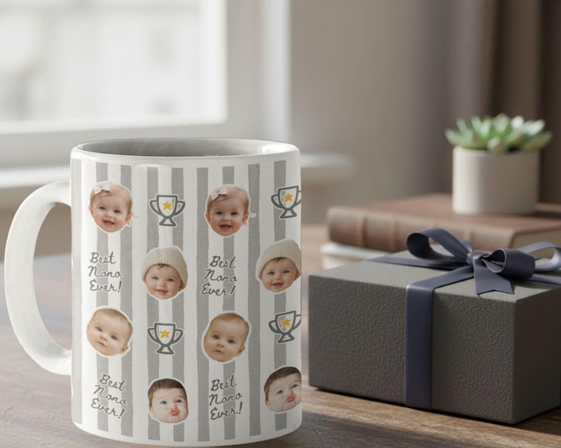 Personalized ceramic mug with repeating baby face photos and gray striped trophy pattern, custom baby picture coffee cup designed as a keepsake gift for parents or grandparents.