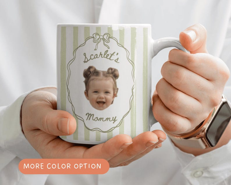 Personalized coffee mug with sage green vertical stripes, displaying a baby portrait with coquette frame, custom keepsake gift for Mom, Dad, Grandma and Grandpa