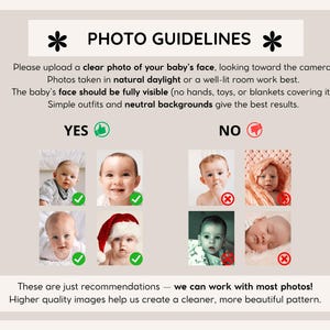 Peut inclure: Un graphique informatif intitul&eacute; PHOTO GUIDELINES avec du texte noir sur fond clair. Il liste des instructions pour les photos de b&eacute;b&eacute;, montrant quatre exemples marqu&eacute;s de coches vertes pour OUI et quatre marqu&eacute;s de croix rouges pour NON.
