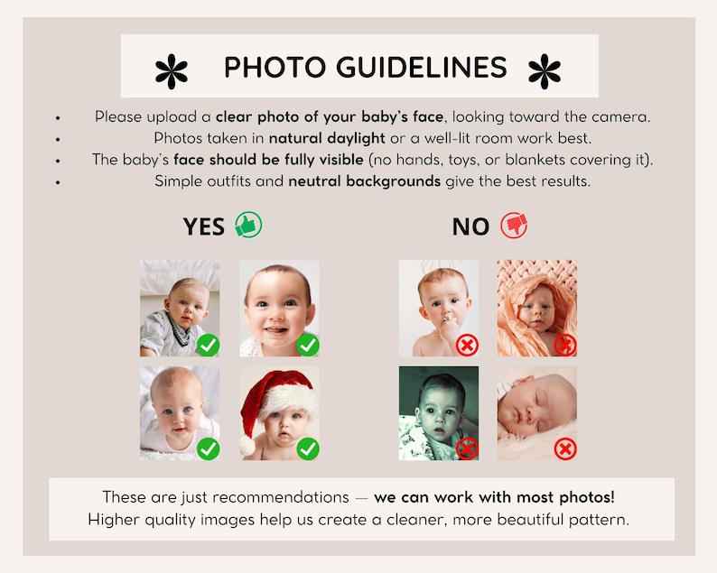 Peut inclure: Un graphique informatif intitul&eacute; PHOTO GUIDELINES avec du texte noir sur fond clair. Il liste des instructions pour les photos de b&eacute;b&eacute;, montrant quatre exemples marqu&eacute;s de coches vertes pour OUI et quatre marqu&eacute;s de croix rouges pour NON.