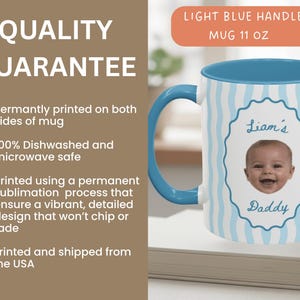 Premium ceramic mug with light blue vertical stripes and light blue handle, featuring a baby portrait photo, personalized family coffee mug for parents and grandparents
