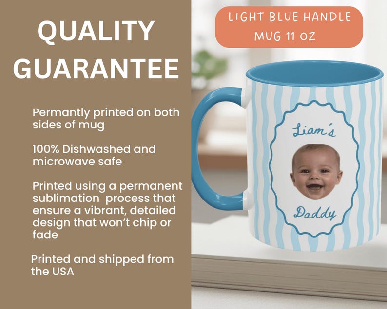 Premium ceramic mug with light blue vertical stripes and light blue handle, featuring a baby portrait photo, personalized family coffee mug for parents and grandparents
