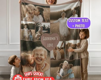 Manta personalizada com foto da vovó, manta personalizada com colagem de família, presente sentimental para a vovó, presente para o Dia das Mães, manta personalizada para presentear a mãe.