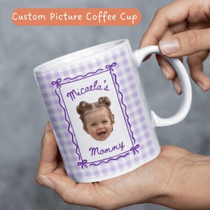Custom picture coffee mug with lavender purple gingham pattern, displaying a baby portrait, personalized family keepsake mug for Mom, Dad, Grandma and Grandpa