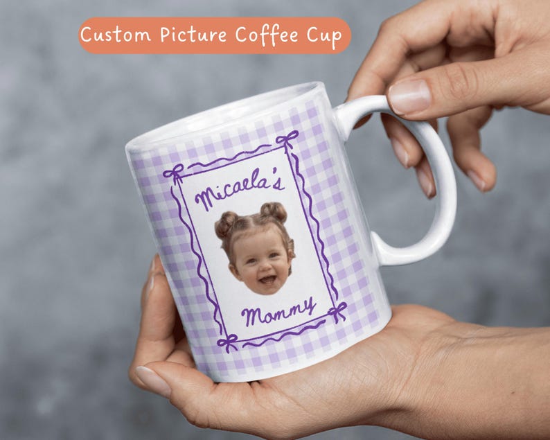 Custom picture coffee mug with lavender purple gingham pattern, displaying a baby portrait, personalized family keepsake mug for Mom, Dad, Grandma and Grandpa