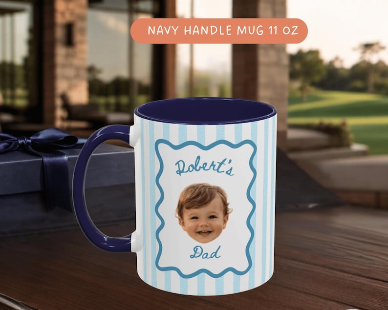 Personalized coffee mug with light blue scalloped frame and navy blue handle, featuring a smiling baby portrait, custom Grandpa, Papa and Dad gift