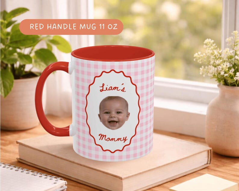 Personalized coffee mug with red gingham check pattern and red handle, featuring a smiling baby portrait, custom gift for Mom, Dad, Grandma and Grandpa