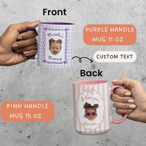 Front and back preview of personalized baby photo mug with lavender striped design, custom family coffee cup available with purple and pink handle options