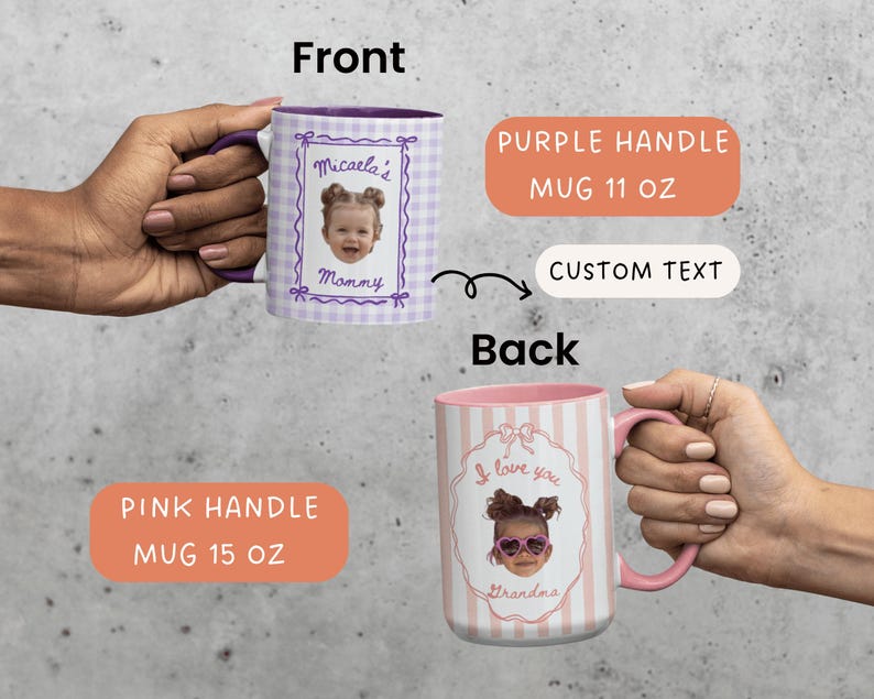 Front and back preview of personalized baby photo mug with lavender striped design, custom family coffee cup available with purple and pink handle options