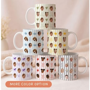 Personalized Father’s Day mug with kids faces and cute icons including hearts, crowns, dinosaurs and cars, custom coffee cup for Dad or Grandpa with sweet family messages