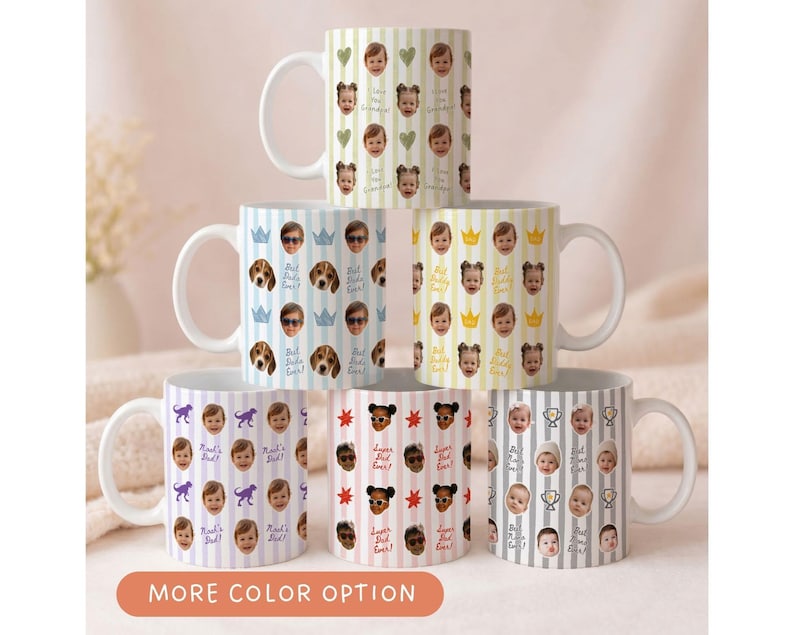 Personalized Father’s Day mug with kids faces and cute icons including hearts, crowns, dinosaurs and cars, custom coffee cup for Dad or Grandpa with sweet family messages