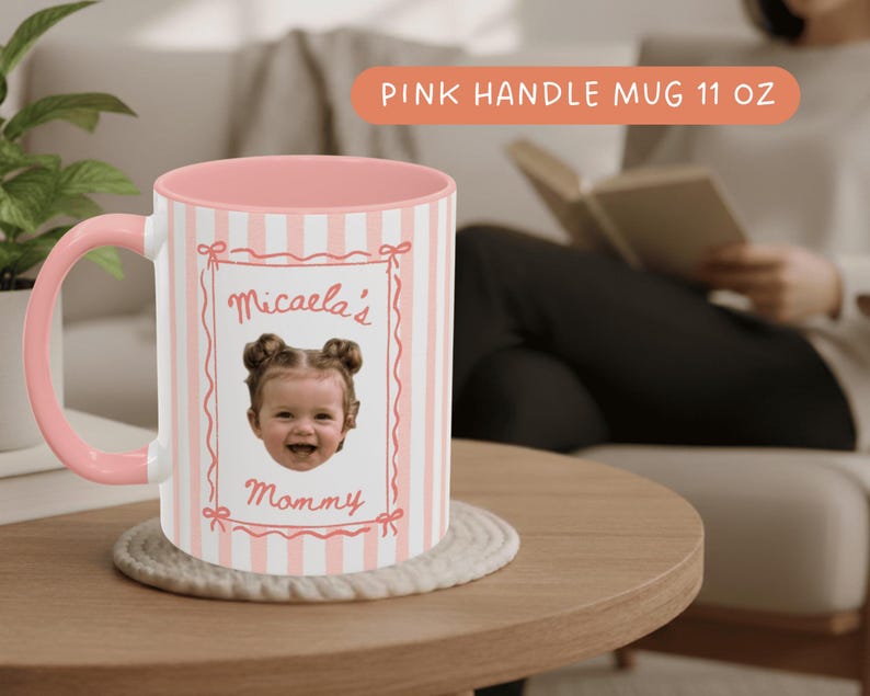 Personalized coffee mug with blush pink vertical stripes and pink handle, featuring a cute baby portrait, custom keepsake gift for Mom, Grandma and Nana