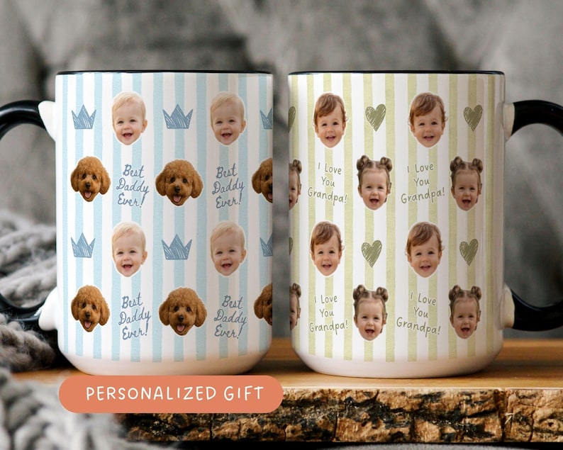 Two personalized mugs with custom kids faces on striped backgrounds, featuring cute blue crown and green heart icons, dog photo accents, and sweet messages like “Best Daddy Ever!” and “I Love You Grandpa!” on black handle ceramic coffee perfect for Father’s Day Gift.
