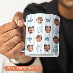 Personalized ceramic mug with repeating baby face photos and light blue striped crown pattern, custom baby picture coffee cup designed as a keepsake gift for parents or grandparents.