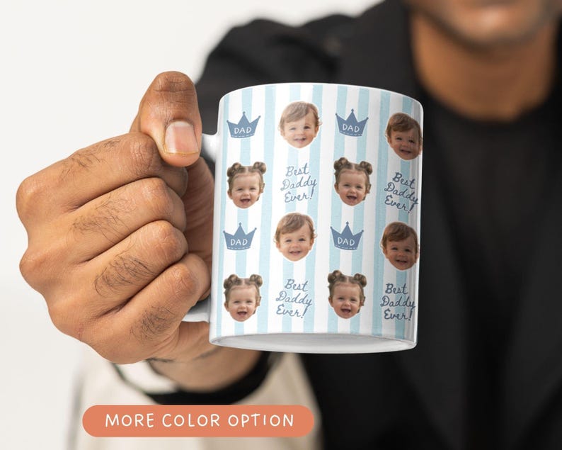 Personalized ceramic mug with repeating baby face photos and light blue striped crown pattern, custom baby picture coffee cup designed as a keepsake gift for parents or grandparents.