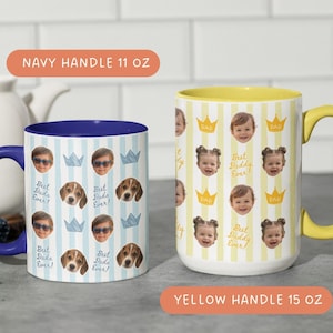 Personalized Father’s Day photo mugs with kids faces, cute dog and crown icons, custom Best Daddy Ever design, blue and yellow handle coffee cups for Dad or Grandpa gift
